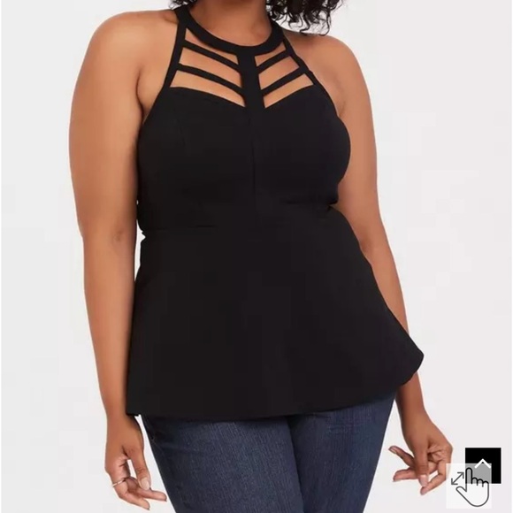 torrid Tops - Black Bengaline Caged High Neck Peplum Top